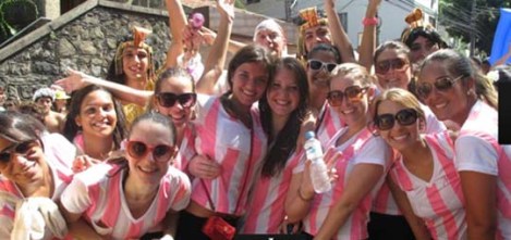 Girls forming a team of "Maria Chuteiras" in the bloco Suvaco do Cristo from the south of Rio